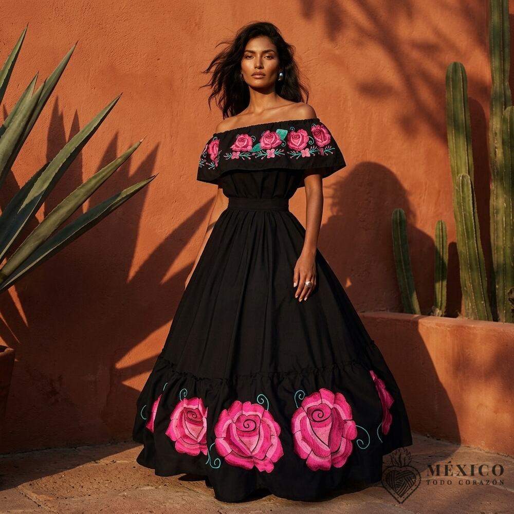 Traditional Mexican Embroidered Floral Dress Set – Handmade Two-Piece Linen